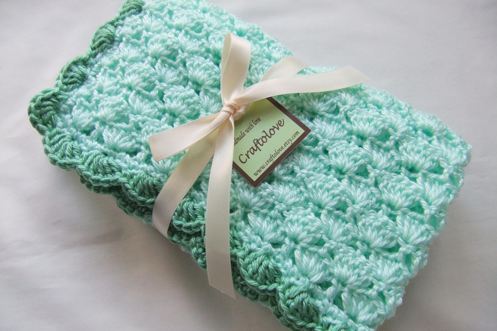 Baby Boy Blanket Baby Girl Blanket Crochet Baby Blanket Mint/sage Green Shells Stroller/travel