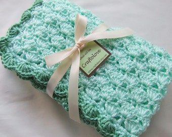 Baby Boy Blanket - Baby Girl Blanket - Crochet baby blanket Mint/Sage green Shells Stroller/Travel/Car seat blanket
