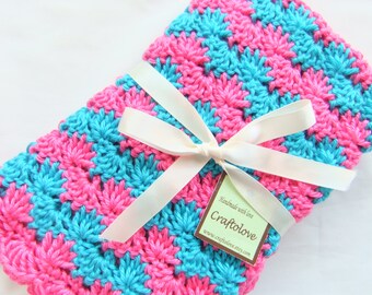 Crochet baby blanket - Baby Girl Blanket -Turquoise Hot Pink Shell waves Stroller/Travel/Car seat blanket- Photography props- Baby girl gift