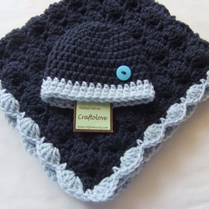 Baby Boy Shower Gift Set - Baby boy Blanket Navy Blue/Light Blue Stroller/Travel size and Button Hat - Crochet baby blanket - Baby blanket