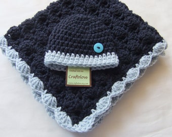 Baby Boy Shower Gift Set - Baby boy Blanket Navy Blue/Light Blue Stroller/Travel size and Button Hat - Crochet baby blanket - Baby blanket