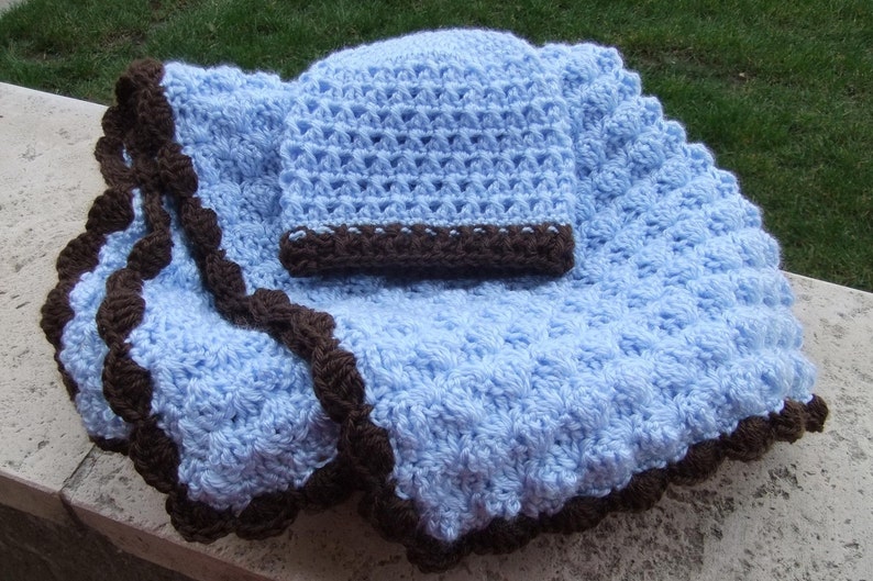 Baby Blue and Chocolate StrollerTravel Blanket and Beanie Baby Boy Shower Gift Set Crochet baby blanket