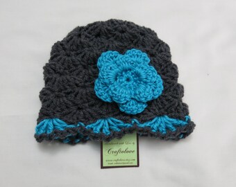 Crochet baby girl hat - Crochet baby hat - Charcoal Grey/Turquoise Baby Girl Hat - Newborn photo prop - Baby girl shower gift