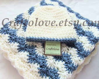 Baby Boy Shower Gift Set - Crochet baby blanket- Baby Boy Blanket - Medium Antique White/Country Blue Shell waves blanket and Hat