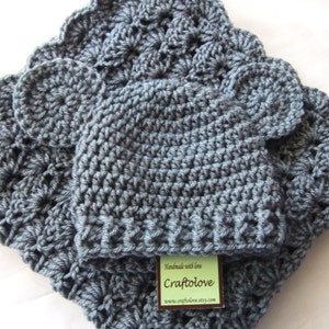 Baby Shower Gift Set - Crochet baby blanket - Baby Boy and Baby Girl Blanket Silver Grey Stroller/Travel size and Teddy Bear Hat image 1