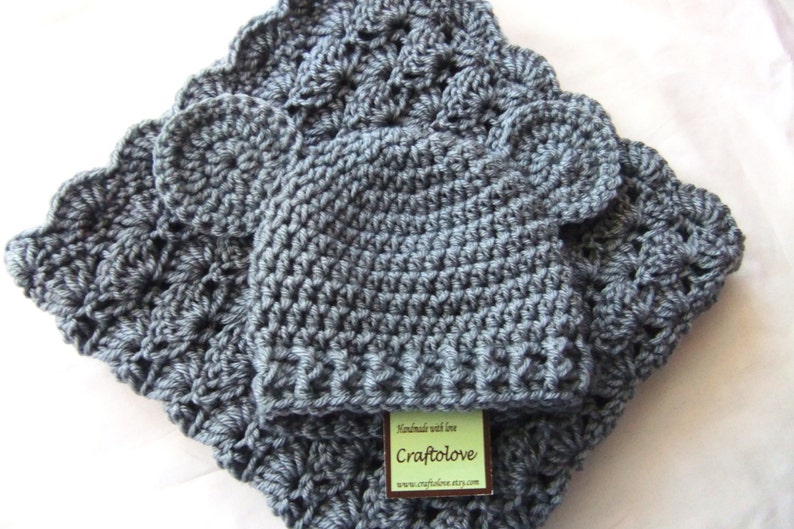 Baby Shower Gift Set - Crochet baby blanket - Baby Boy and Baby Girl Blanket Silver Grey Stroller/Travel size and Teddy Bear Hat image 1