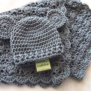 Baby Shower Gift Set - Crochet baby blanket - Baby Boy and Baby Girl Blanket Silver Grey Stroller/Travel size and Teddy Bear Hat image 3