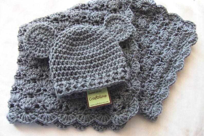 Baby Shower Gift Set - Crochet baby blanket - Baby Boy and Baby Girl Blanket Silver Grey Stroller/Travel size and Teddy Bear Hat image 3