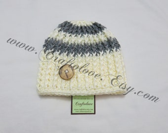 Crochet baby hat- Baby Boy Beanie - Baby Boy Hat - Grey/Off-white Button baby boy hat- CHOOSE YOUR SIZE - Newborn Photography props