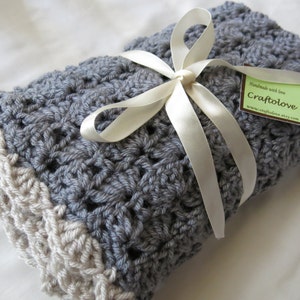 Crochet baby blanket - Baby Boy Blanket- Baby Girl Blanket - Silver Grey with Oatmeal trim Shells Stroller/Travel/Car seat- Unisex blanket