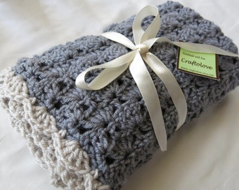 Crochet baby blanket - Baby Boy Blanket- Baby Girl Blanket - Silver Grey with Oatmeal trim Shells Stroller/Travel/Car seat- Unisex blanket