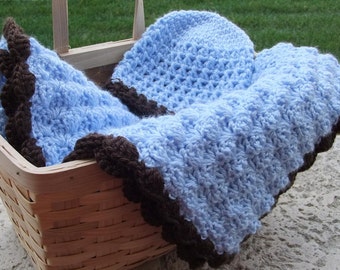 Baby Boy Shower Gift Set - Crochet baby blanket - Baby Blue and Chocolate Stroller/Travel Blanket and Beanie