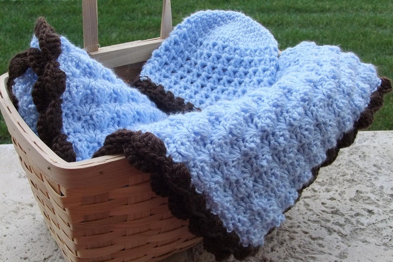 Baby Blue and Chocolate StrollerTravel Blanket and Beanie Baby Boy Shower Gift Set Crochet baby blanket