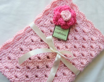 Baby Girl Blanket - Crochet baby blanket Sweet Pink Arch Shells Stroller/Travel/Car seat blanket with Hot Pink Rose - Photography props