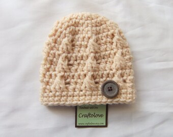 Natural Beige Button Baby Boy Beanie - CHOOSE YOUR SIZE - Newborn Photography props