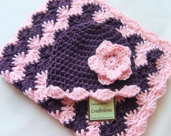 Baby Girl Shower Gift Set - Baby Girl Blanket - Crochet baby blanket Pink/Plum Wine Shell Waves and hat - Photography props