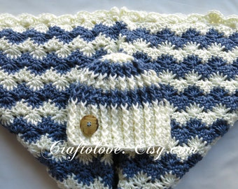 Crochet baby blanket- Baby Boy Shower Gift Set- Baby Boy Blanket- Country blue/Off-white stripe Stroller/Travel blanket and hat- Photo props