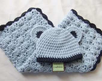 Baby Boy Shower Gift - Baby boy Blanket Silver Blue/Navy blue Stroller/Travel size and Teddy Bear Hat - Crochet baby blanket