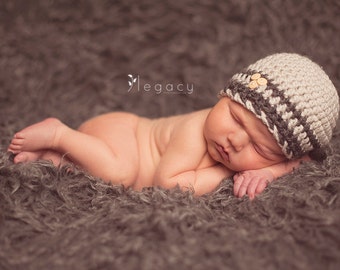 Natural Oatmeal/Charcoal Gray Button Baby Boy Beanie - Baby Boy Hat - CHOOSE YOUR SIZE - Newborn Photography props