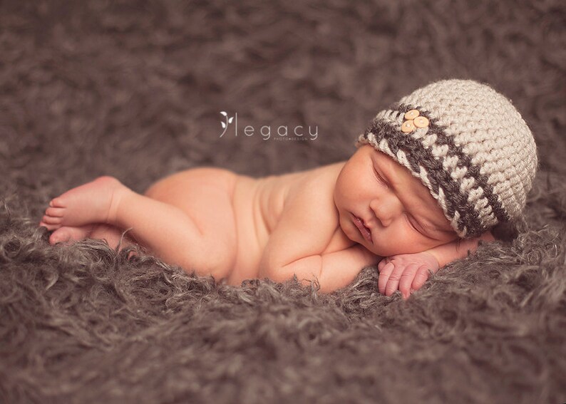 Natural Oatmeal/Charcoal Gray Button Baby Boy Beanie Baby Boy Hat CHOOSE YOUR SIZE Newborn Photography props image 1