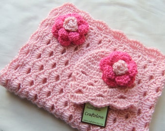 Baby Girl Shower Gift set - Baby Girl blanket - Crochet baby blanket Sweet Pink Arch Shells and Hot Pink Rose Hat  - Photography props