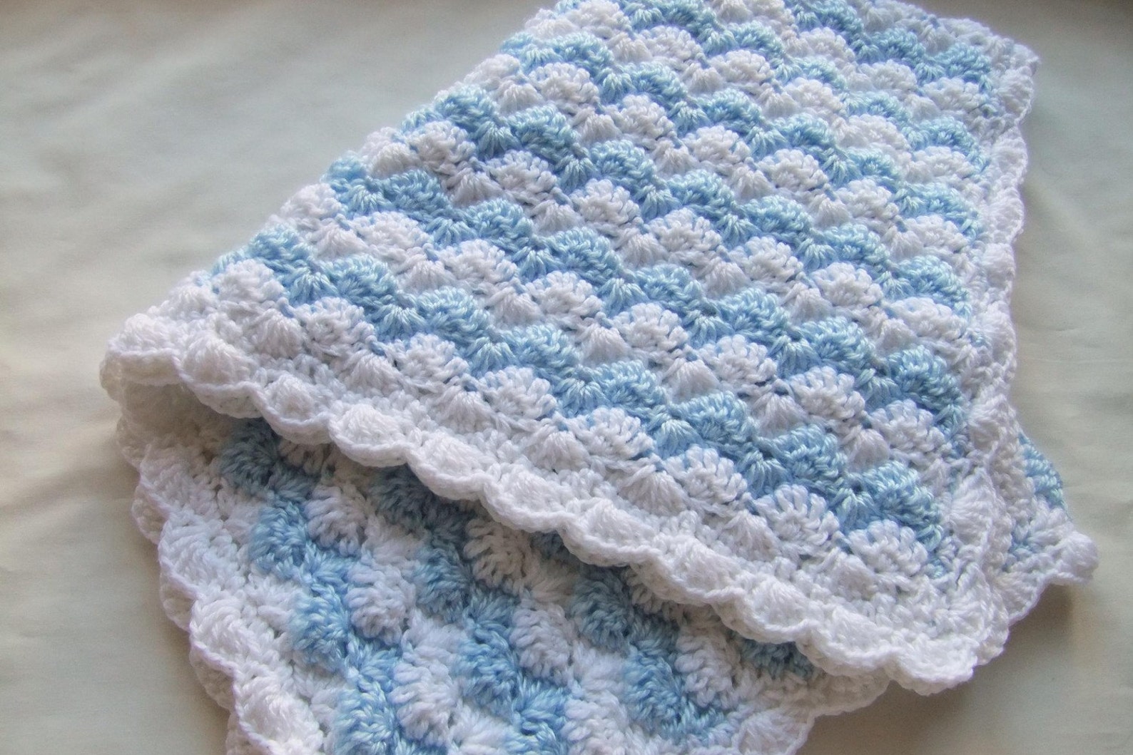 Baby Boy Blanket Crochet Baby Blanket Baby Blue/white Shell Waves Stroller/travel/car Seat Baby