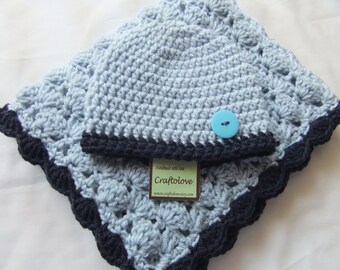 Crochet baby blanket- Baby Boy Shower Gift - Baby boy Blanket Silver Blue/Navy blue Stroller/Travel size and Button Hat