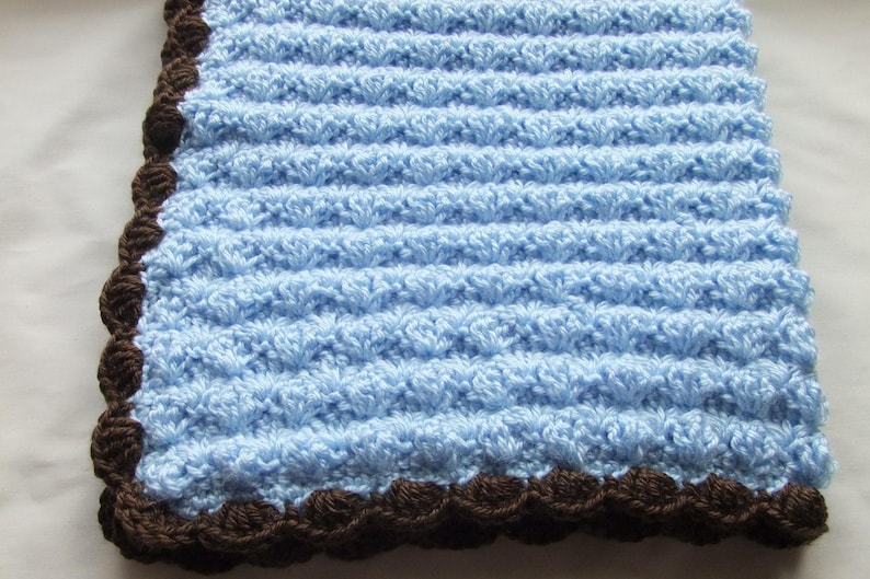 Baby Blue and Chocolate StrollerTravel Blanket and Beanie Baby Boy Shower Gift Set Crochet baby blanket