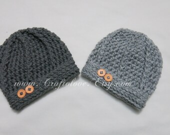 Crochet baby hat- Pewter Grey/Light Grey Baby Boy Hat - Set of 2 - Twin Baby Boy hat- CHOOSE YOUR SIZE - Newborn Photography props