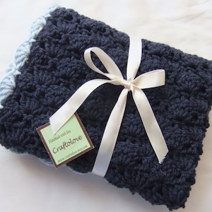 Baby Boy Blanket - Crochet baby blanket Navy Blue/Light Blue Shells Stroller/Travel/Car seat blanket - Baby blanket- Baby boy shower gift