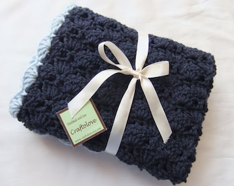 Baby Boy Blanket - Crochet baby blanket Navy Blue/Light Blue Shells Stroller/Travel/Car seat blanket - Baby blanket- Baby boy shower gift