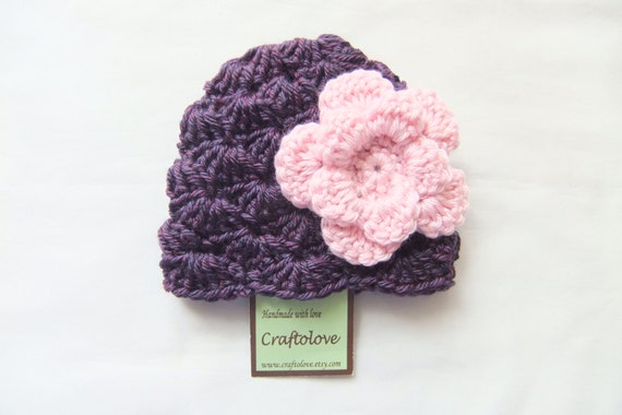 Baby Girl Hats Crochet baby girl hat Plum wine purple with flower Baby  Girl Beanie CHOOSE YOUR SIZE Photography props