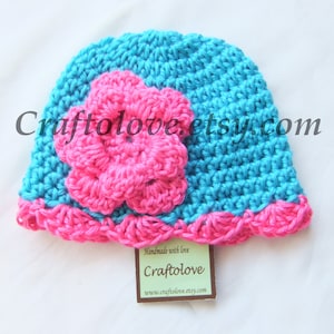 Crochet baby girl hat - Crochet baby hat - Turquoise Hot pink Baby Girl Hat - Newborn photo prop - Baby girl shower gift