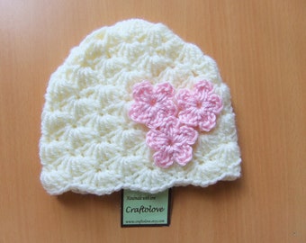 Baby Girl Hats - Crochet baby girl hat Natural Lamp Shell with flower - Baby Girl Beanie - CHOOSE YOUR SIZE - Photography props
