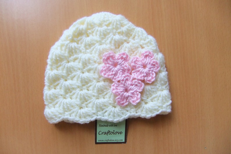 Baby Girl Hats Crochet baby girl hat Natural Lamp Shell with flower Baby Girl Beanie CHOOSE YOUR SIZE Photography props image 1