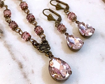 Pink Teardrop Necklace and Earring Set: Vintage Style Preciosa Crystals Beaded Bridal Jewelry
