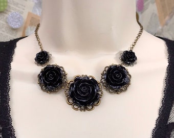 Black Rose Women’s Necklace, Bib Style Flower Jewelry, Botanical, Vintage Style, Romantic, Gothic, Gothicore, Wedding, Bridesmaid, Prom