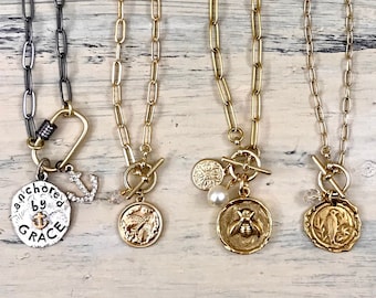 Charm Necklace: Paperclip Chain, Mixed Metal, Bird & Bee