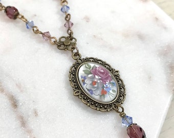 Purple Flower Bouquet Cameo Women's Necklace, Vintage Style Jewelry, Floral Necklace, Bridal, Bridesmaid, Mother of the Bride