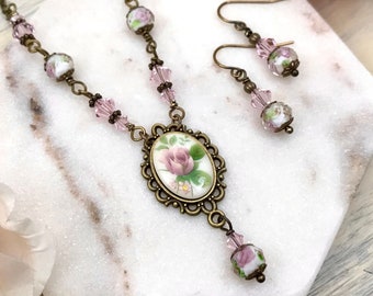 Pink Rose Cameo Women’s Necklace and Earring Set, Vintage Style, Beaded Glass Necklace, Pink Rose Jewelry, Wedding, Mother of the Bride