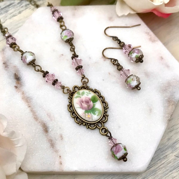 Pink Rose Cameo Women’s Necklace and Earring Set, Vintage Style, Beaded Glass Necklace, Pink Rose Jewelry, Wedding, Mother of the Bride