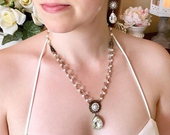 Crystal and Pearl Teardrop Necklace and Earring Set: Vintage Style Bridal Jewelry, Imitation Pearls
