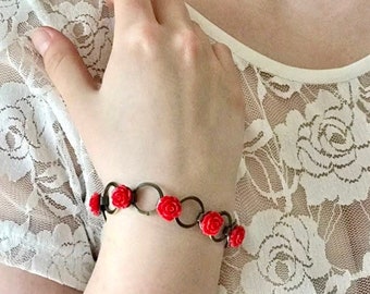 Pretty Rose Floral Link Women’s Bracelet, Flower Bracelet, Vintage Style, Botanical Jewelry, Red, White, Pink, Rainbow, Black, Your Choice
