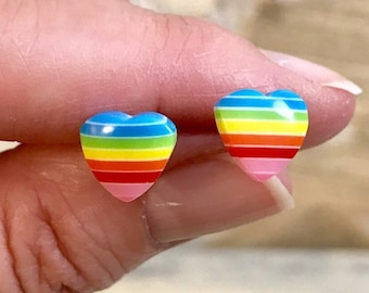 Rainbow Heart Stud Earrings, Heart Post Earrings, Small Rainbow Earrings, Pride Earrings, Perfect size for all earlobes