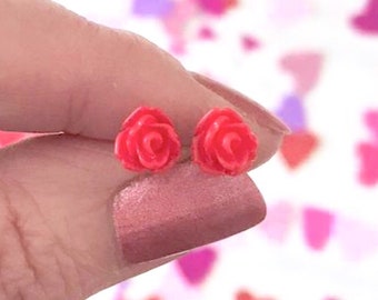 Dainty Rose Stud Earrings, Titanium Posts, 7.5mm Roses, Tiny Roses, Wedding, Bridesmaids, Hypoallergenic, Red, Pink, Purple, White, Black