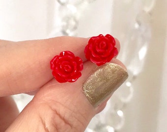 Cute Rose Flower Stud Earrings, Titanium Posts, 10mm Resin Roses, Bridesmaids Gifts, Hypoallergenic, White, Red, Purple, Pink, Black, Blue