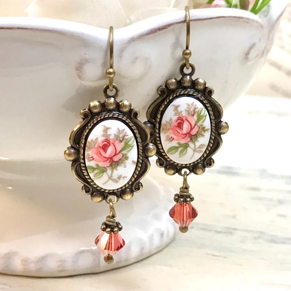 Pretty Pink and White Floral Rose Women’s Dangle Earrings, Vintage Style, Wedding, Bridesmaid Jewelry, Gift for Her