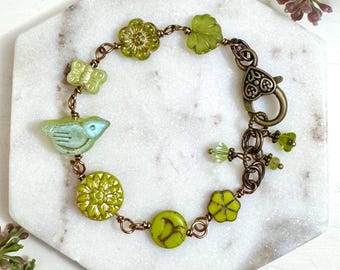 Bright Green Bird and Flower Beaded Bracelet, Premium Czech Glass, Vintage Style, Botanical Jewelry
