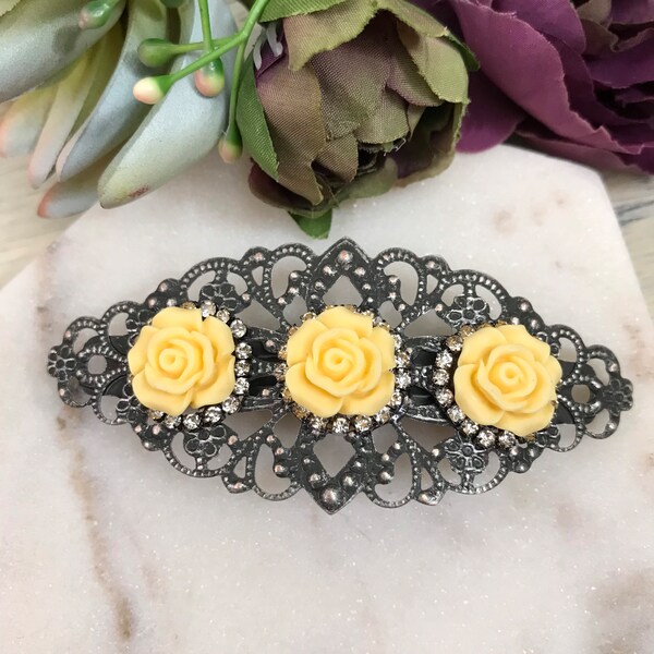 Yellow Rose Flower Large Hair Barrette with Rhinestones, Wedding, Bridal, Big Hair Clip, Bridesmaid, Prom, Vintage Style