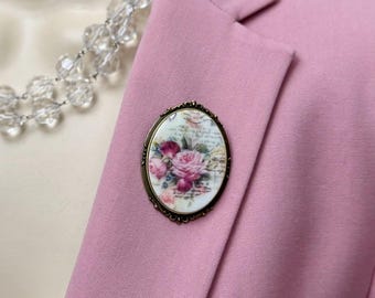 Rose Bouquet Cameo Brooch, Spring Flowers, Big Floral Lapel Pin, Vintage Style, Classic Cameo, Statement Jewelry